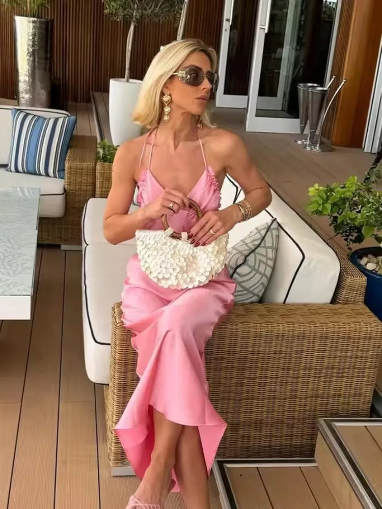 Pink Satin V-Neck Halter Dress