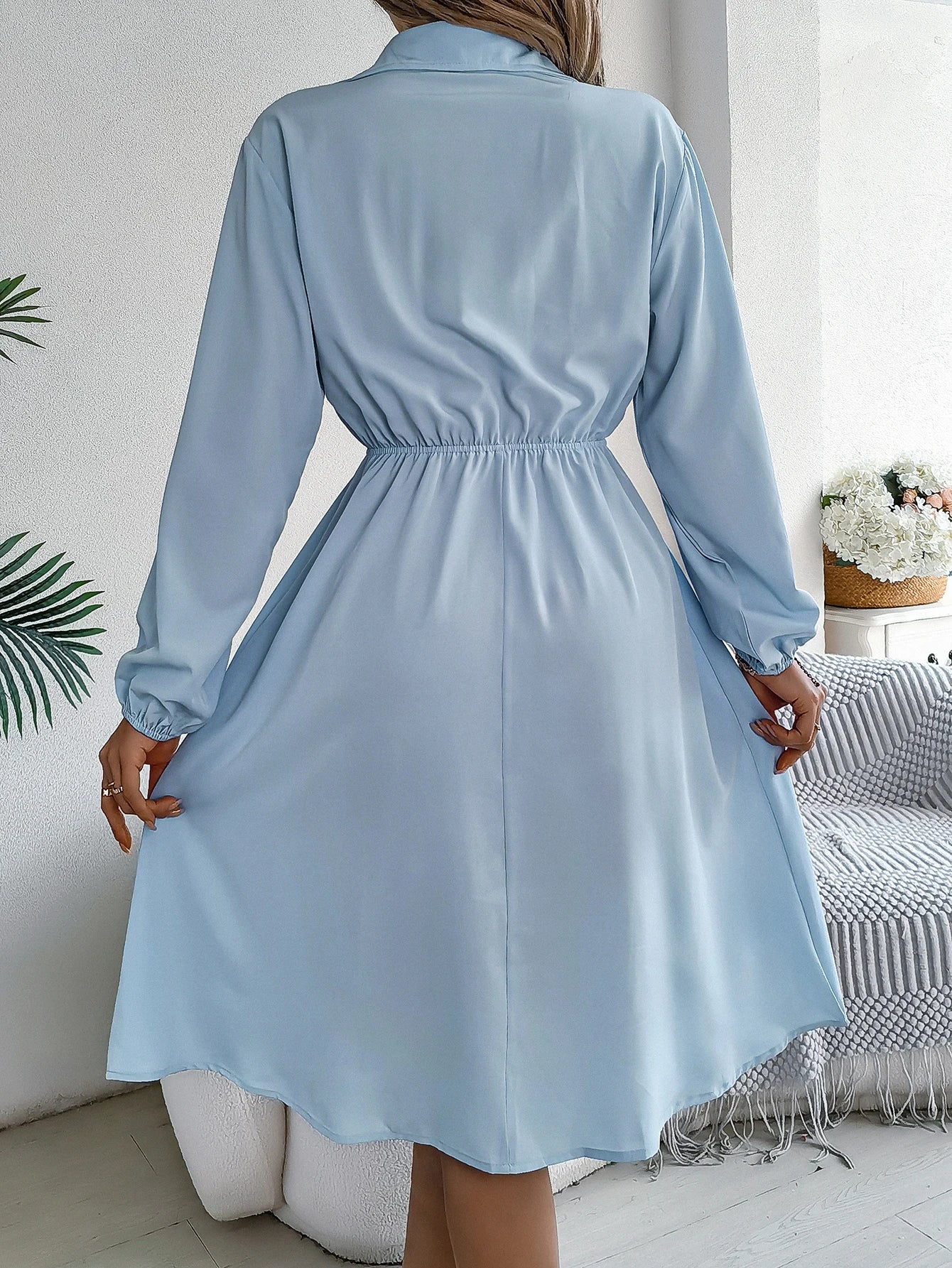 Autumn Winter Button-Up Tie Waist Shirt Dress