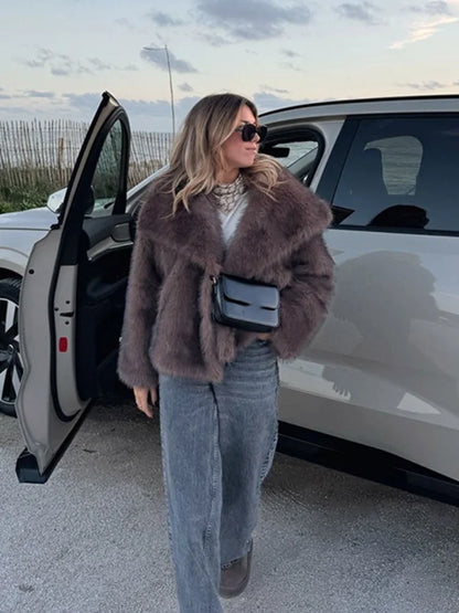 Retro Collar Faux Fur Coat