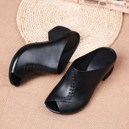Thick-Heeled Leather Sandals