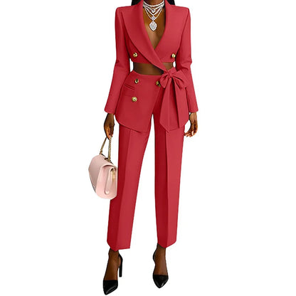 Elegant Lapel Bow Blazer Pant Set