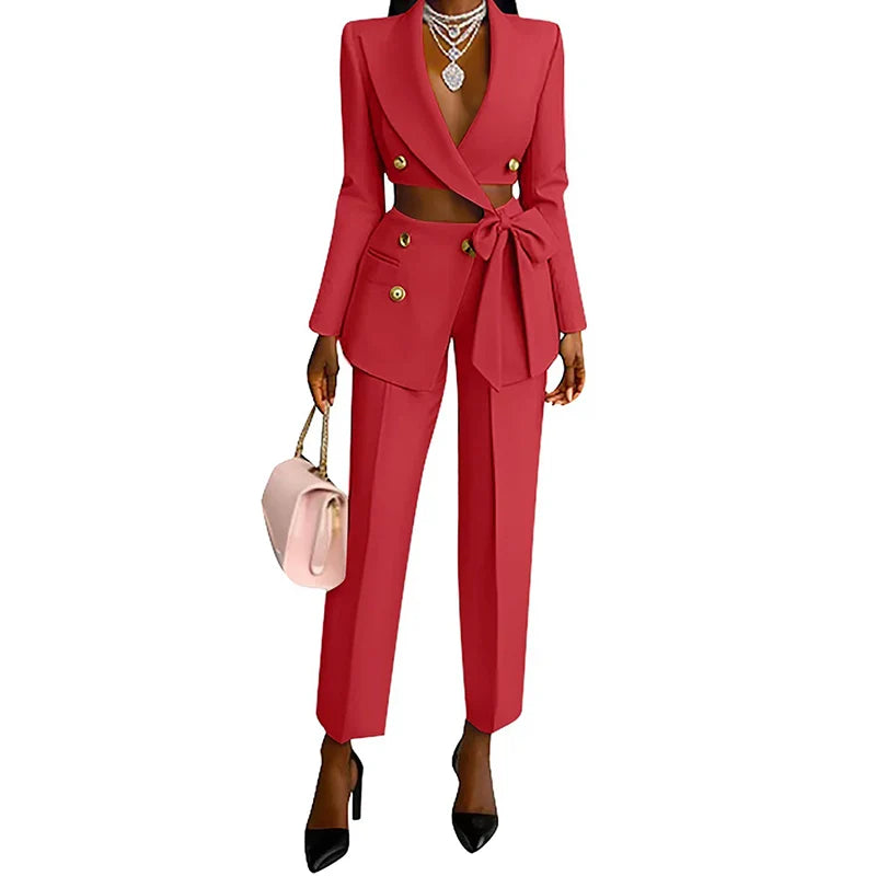 Elegant Lapel Bow Blazer Pant Set
