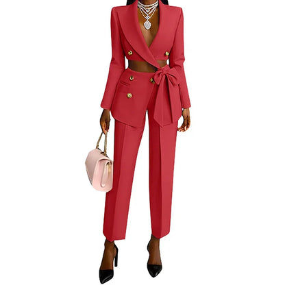 Elegant Lapel Bow Blazer Pant Set
