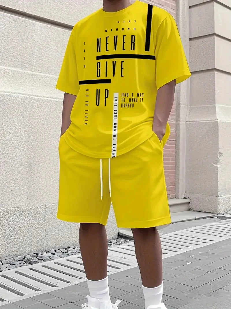 Letter Print Elastic Waist Shorts Set