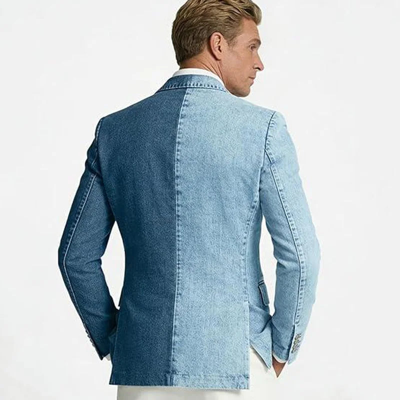 Denim Double-Breasted Peak-Lapel Blazer