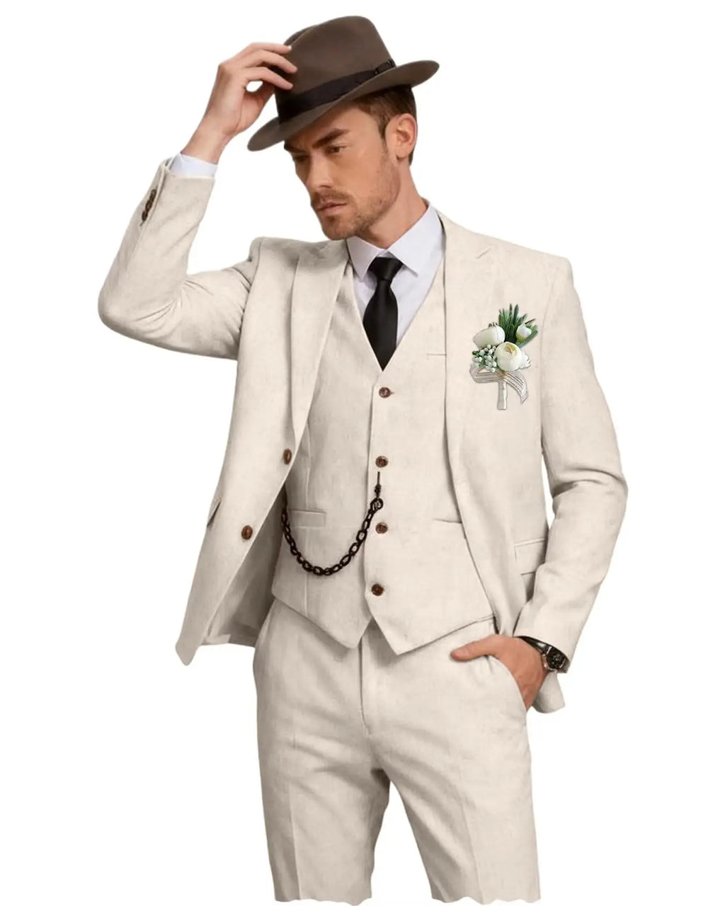 Three-Piece Linen Notch-Lapel Suit