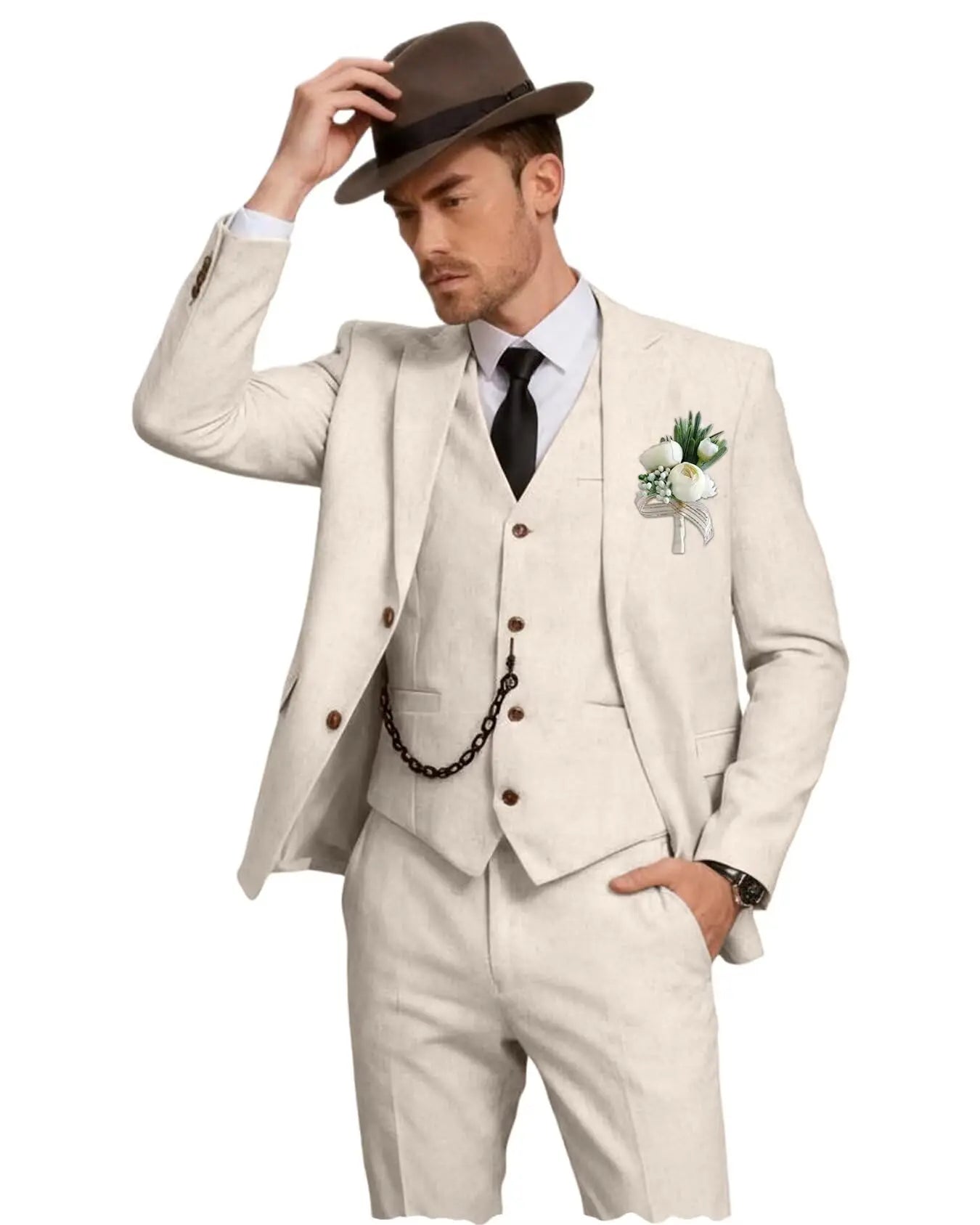 Three-Piece Linen Notch-Lapel Suit