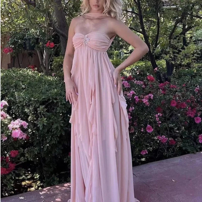 High-Slit Ruffled Halter Dress
