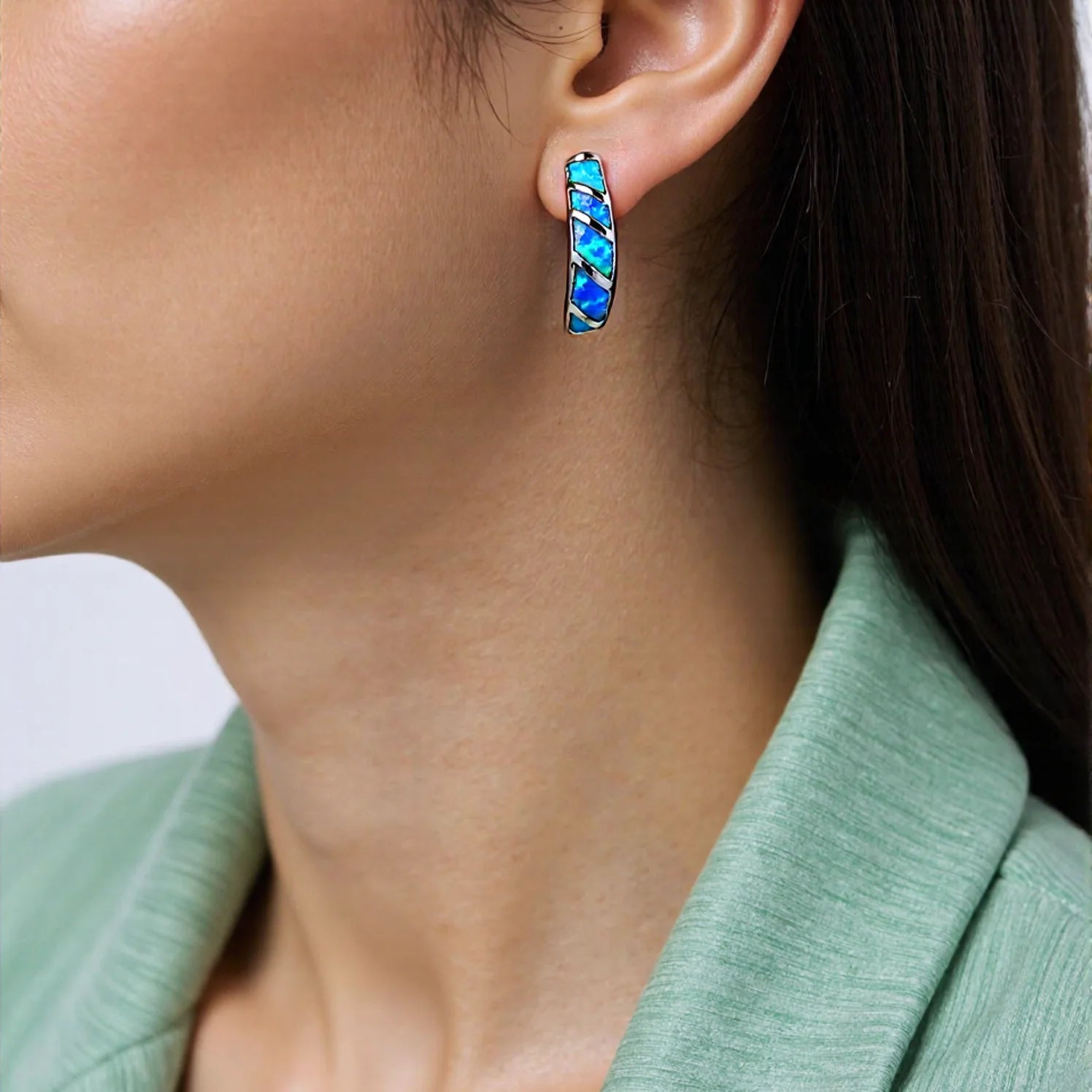Blue Opal Geometric Drop Earrings