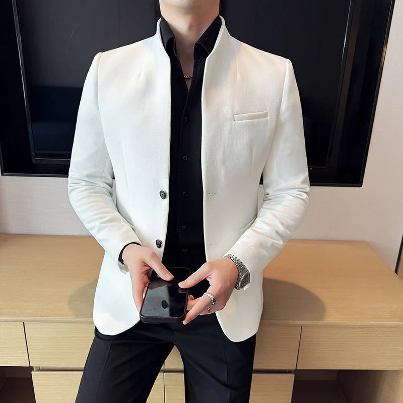Waffle Stand-Collar Slim Suit Jacket