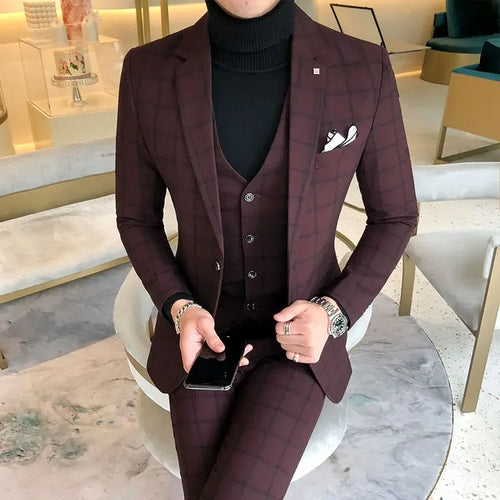 Boutique Plaid Three-Piece Business Suit