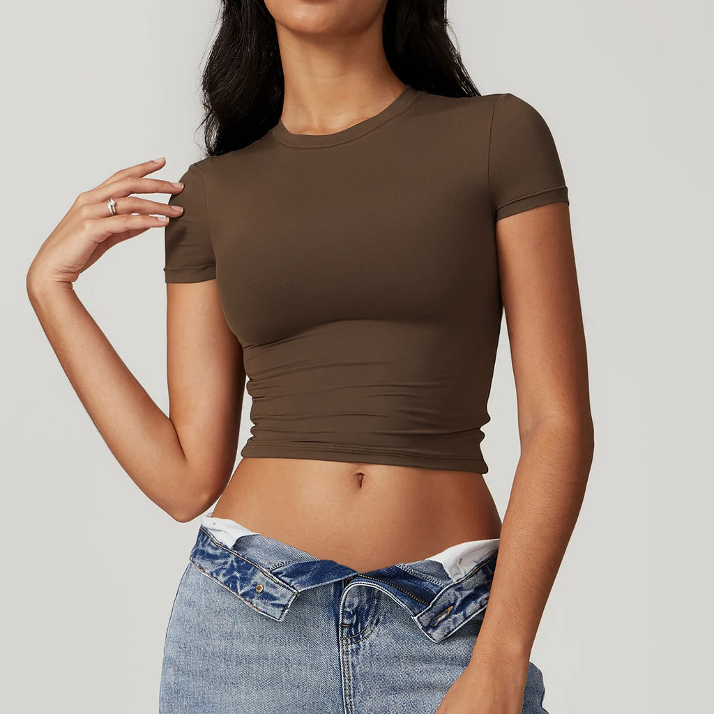 Nylon Short Sleeve True-To-Size Fit Crop Top