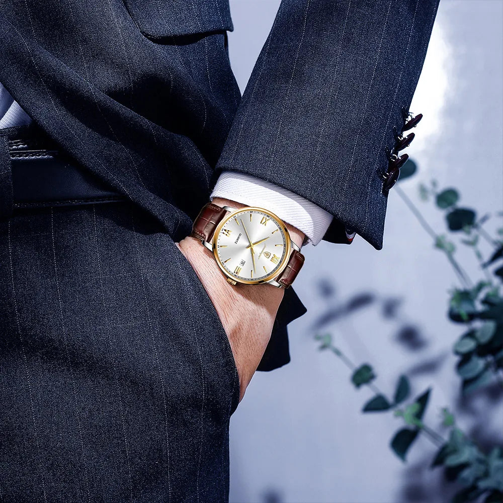 POEDAGAR Gold Leather Quartz Watch