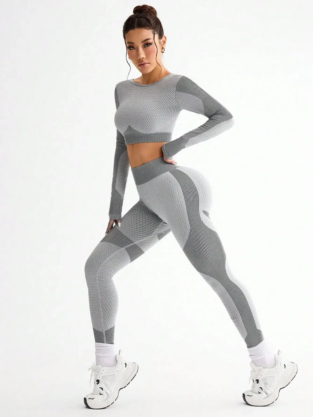 Polyester Striped Three-Quarter Sleeve Two-Piece Yoga Set