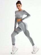 Polyester Striped Three-Quarter Sleeve Two-Piece Yoga Set