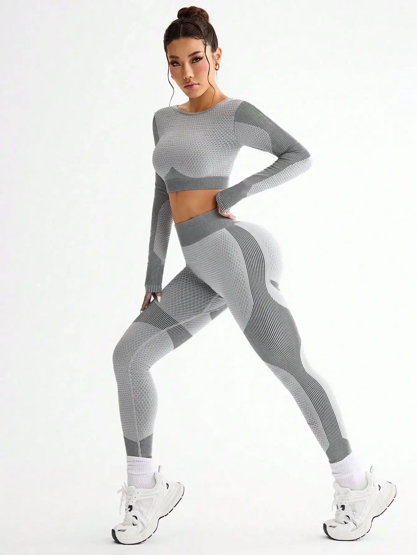 Polyester Striped Three-Quarter Sleeve Two-Piece Yoga Set