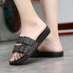Double-Button Geometric Print Slippers