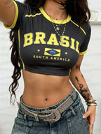 Broadcloth Letter Print Short Sleeve Crop Top
