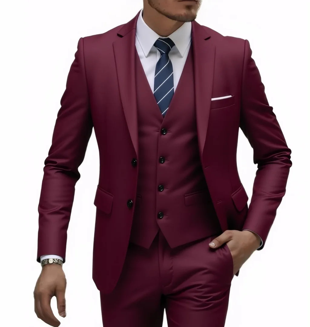 Three-Piece Solid Two-Button Suit Set