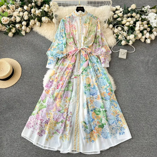 Vintage Print High Collar Maxi Dress