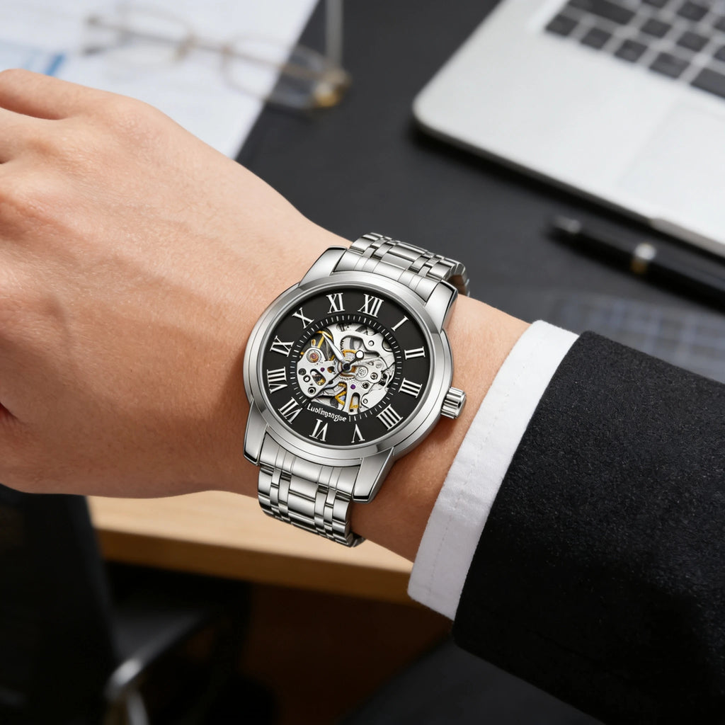 AOKULASIC Skeleton Leather Automatic Watch