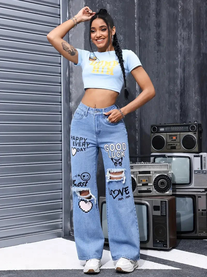 High Waist Ripped Straight Jeans