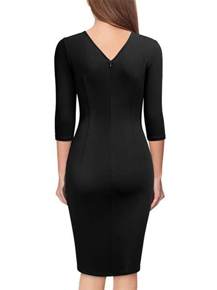 V-Neck Pleated Bodycon Dress
