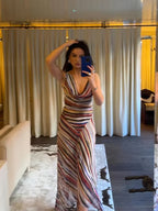 Striped Spaghetti-Strap V-Neck Dress