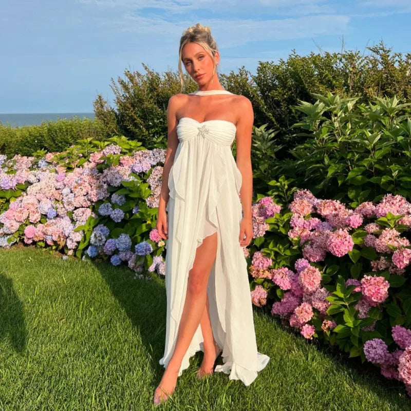 High-Slit Ruffled Halter Dress