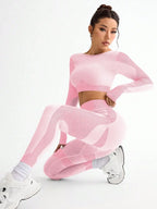 Polyester Striped Three-Quarter Sleeve Two-Piece Yoga Set