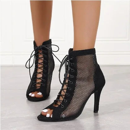 Lace-Up Mesh Stiletto Sandals