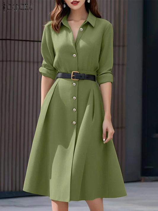 Elegant Long Sleeve Midi Shirt Dress
