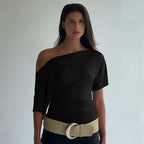 Polyester Solid Asymmetric Collar True-To-Size Fit Top