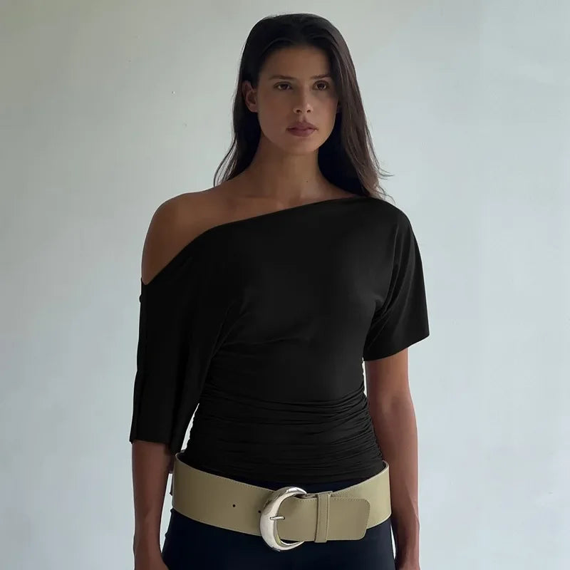 Polyester Solid Asymmetric Collar True-To-Size Fit Top