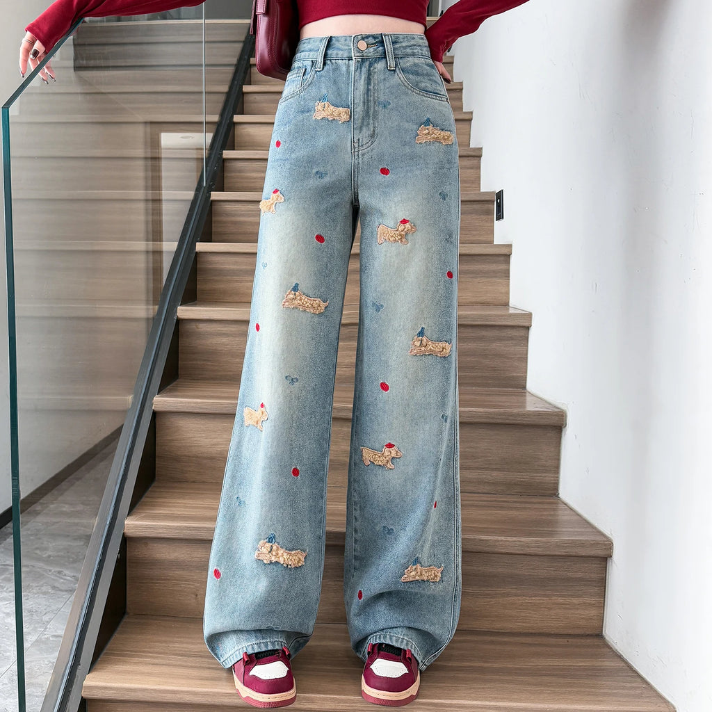 Embroidered Dog Straight-Leg Jeans