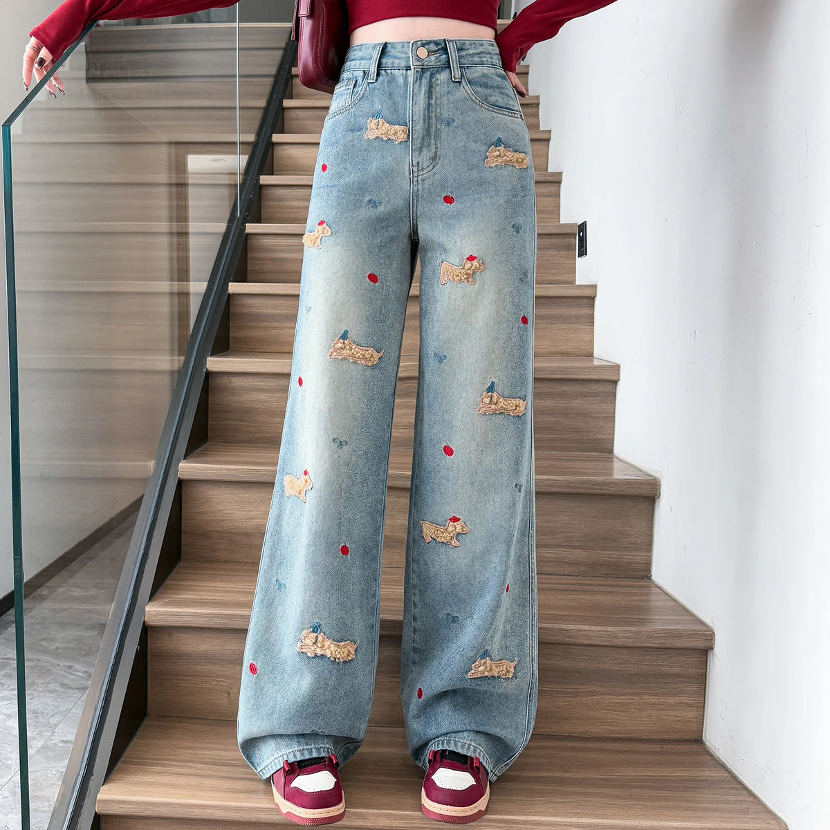 Embroidered Dog Straight-Leg Jeans