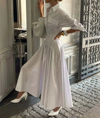 White Lapel Button Maxi Dress