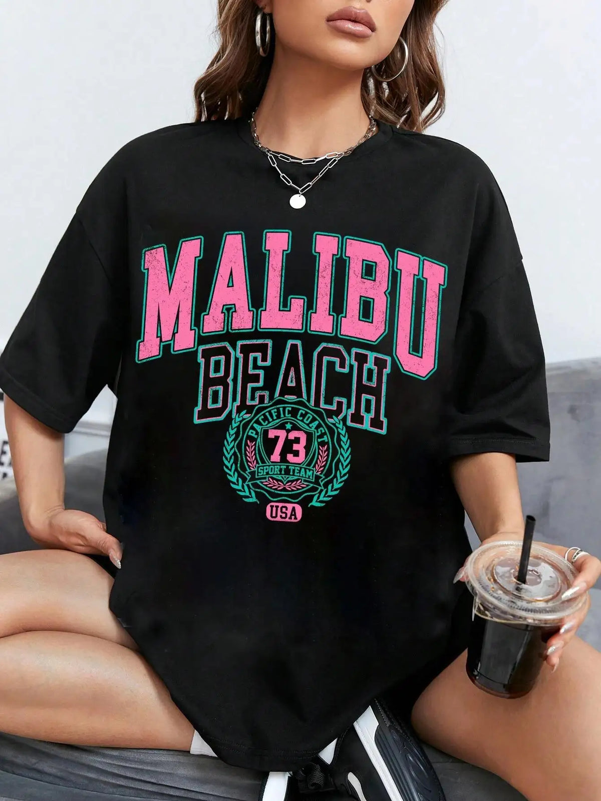 Malibu Beach Letter Print T-Shirt