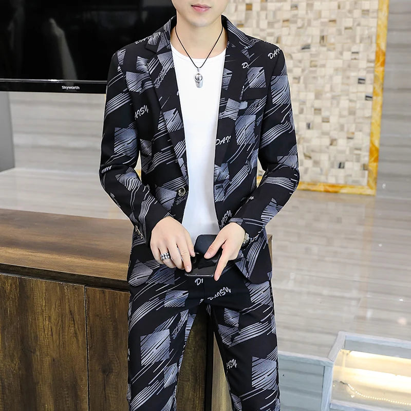 Korean Lettering Slim Suit Trousers Set