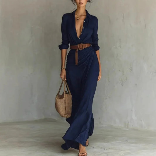 Deep V-Neck Belted Long Dress