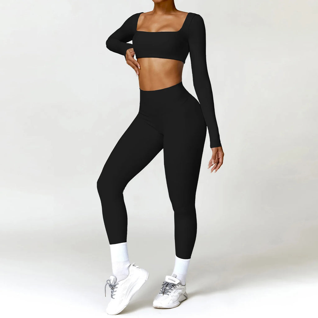 Nylon Solid Long Sleeve Two-Piece Yoga Set