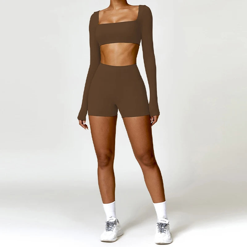 Nylon Solid Long Sleeve Two-Piece Yoga Set