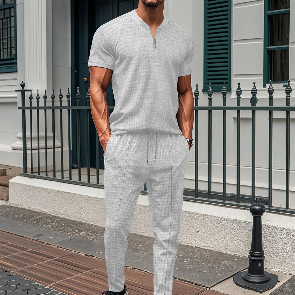 Waffle Zipper Polo Shirt Trousers Set