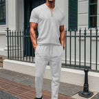 Waffle Zipper Polo Shirt Trousers Set