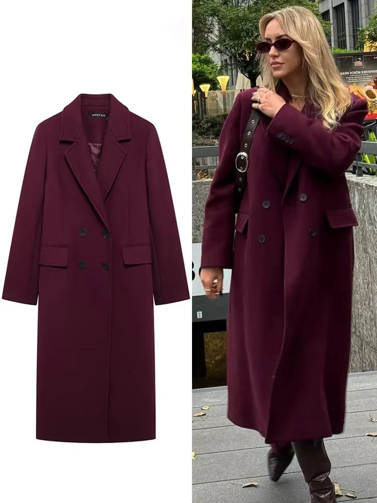 Women’s Burgundy Double-Breasted Coat