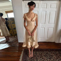 Deep V-Neck Ruffle-Hem Midi Dress