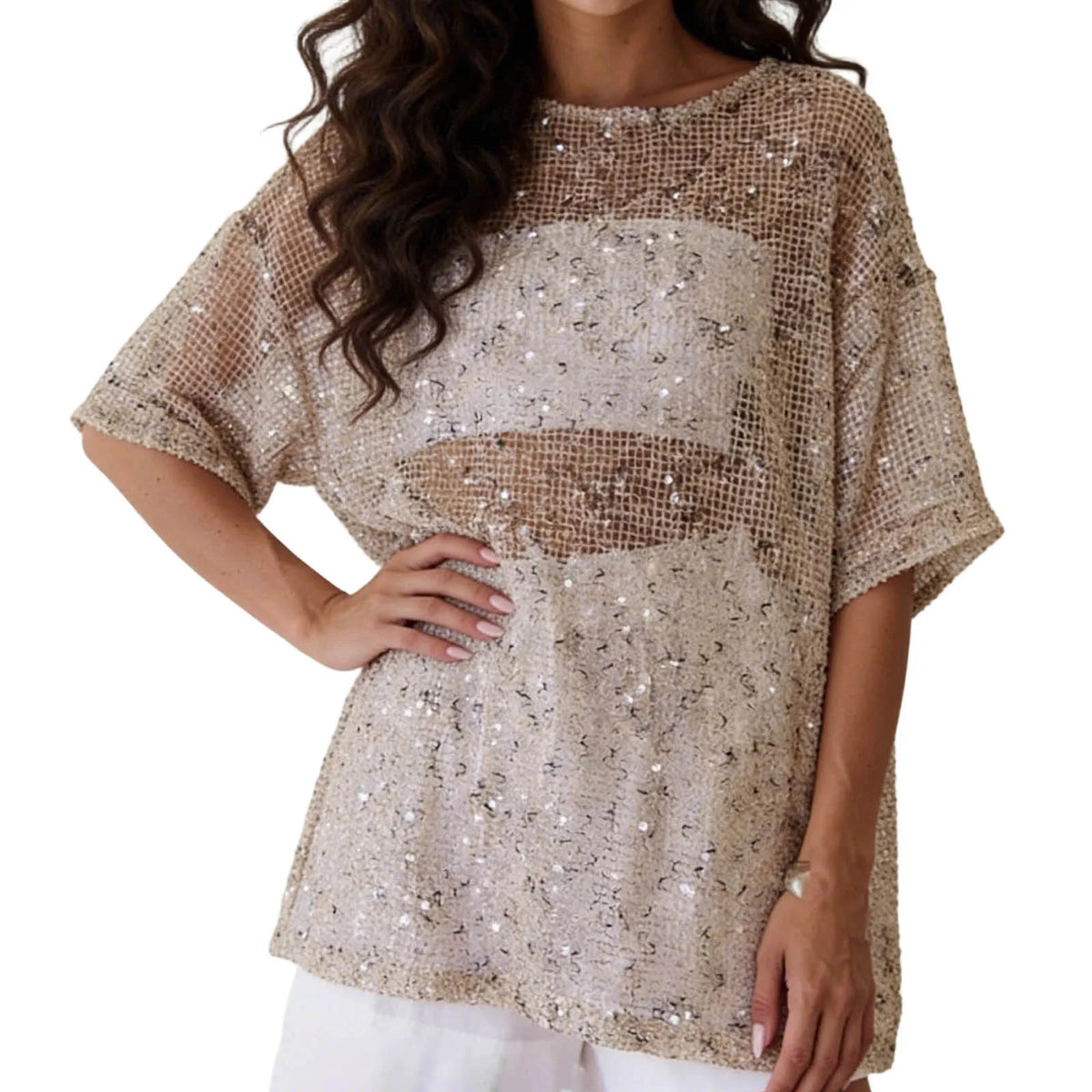 Brown Sequin Mesh Top