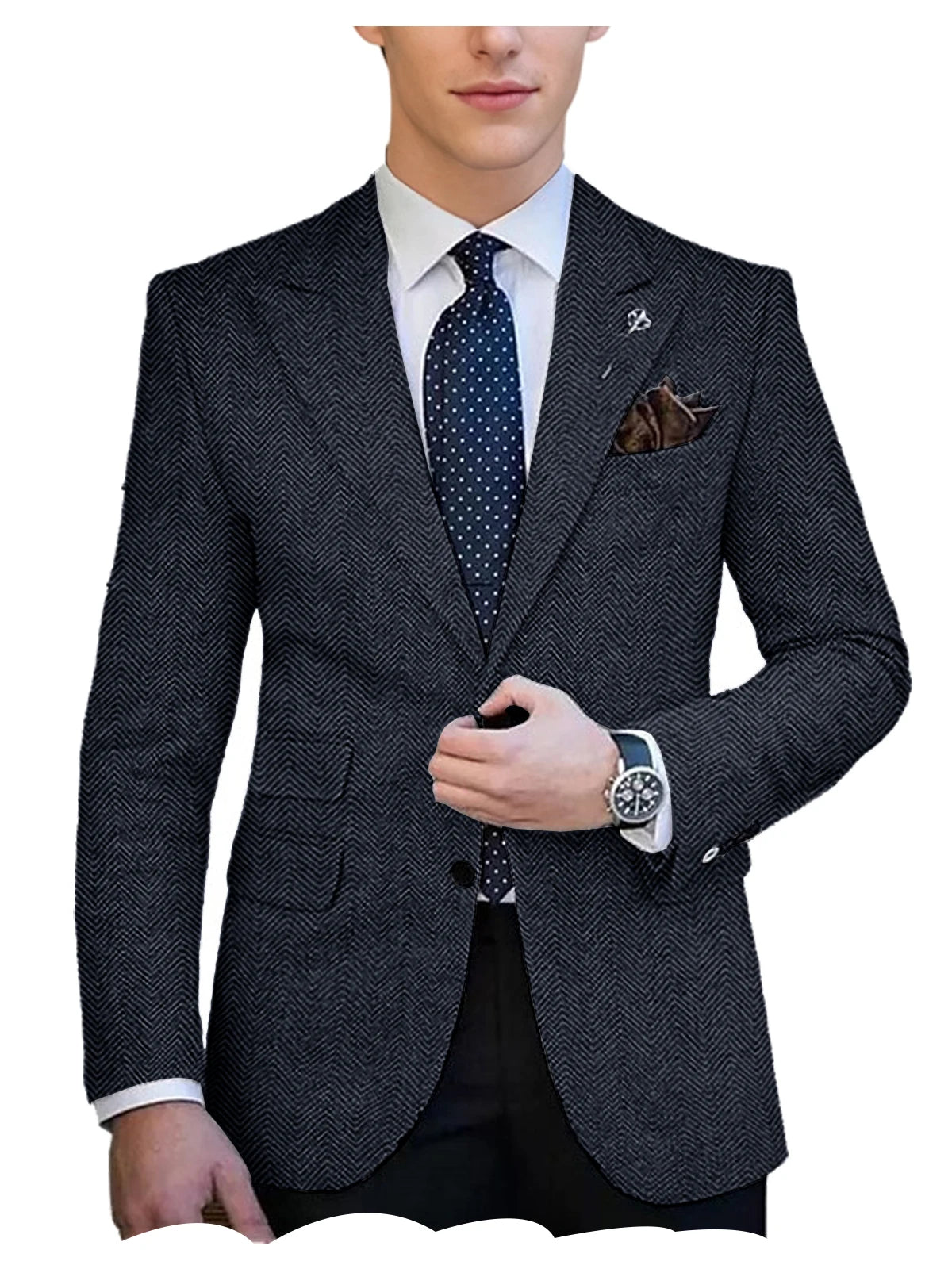 Herringbone Tweed Single-Breasted Blazer