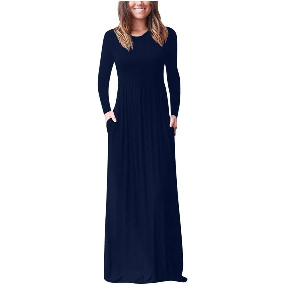 Autumn Winter Solid Color Pocket Maxi Dress