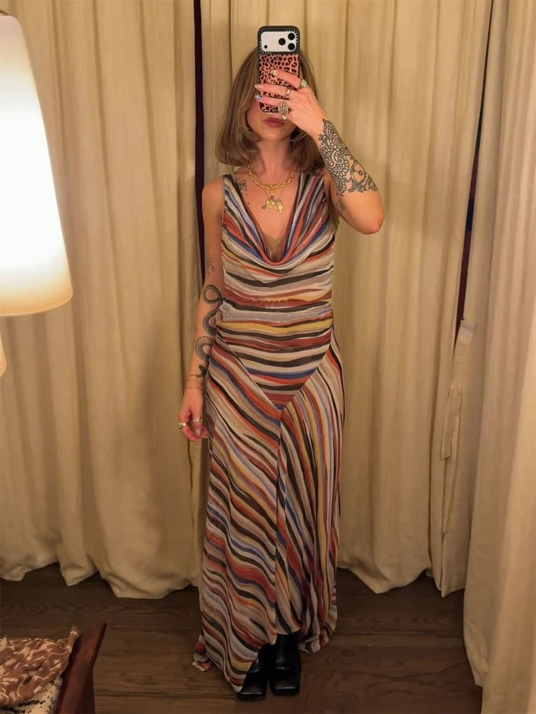 Striped Spaghetti-Strap V-Neck Dress